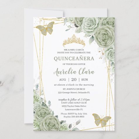 Chic Sage Green Floral Butterflies QuinceaÃ±era Invitation  Zazzle Invitations Quinceanera, Butterfly Favors, Quinceañera Invitation, Lollipop Party, 16 Invitations, Quince Invitations, Butterfly Invitations, Green Invitations, Sage Green Floral