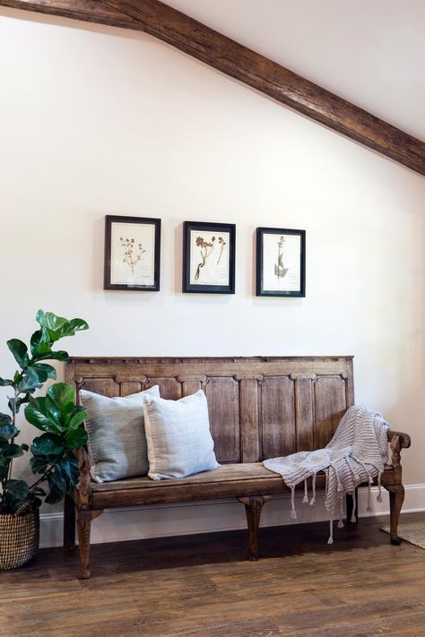 Foyer, AFTER Rustic Italian Decor, Rustic Style Furniture, Rustic Italian Home, Farmhouse Entryway, Rustic Italian, Italian Decor, Wooden Bench, Wood Doors Interior, Joanna Gaines