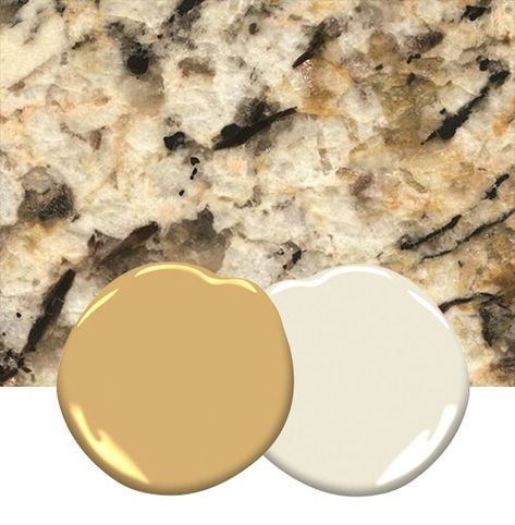 How To Find Paint Colors To Match Granite Countertops — Color Consultations | Claire Tomm Matching Paint With Granite Countertops, How To Modernize Brown Granite, Paint To Match Granite Countertops, Brown Gold Granite Countertops, Cabinets To Match Brown Granite, Bathrooms With Brown Granite Countertops, Colors That Go With Granite Countertops, Yellow Granite Countertops Paint Colors, Tan Speckled Granite Countertops