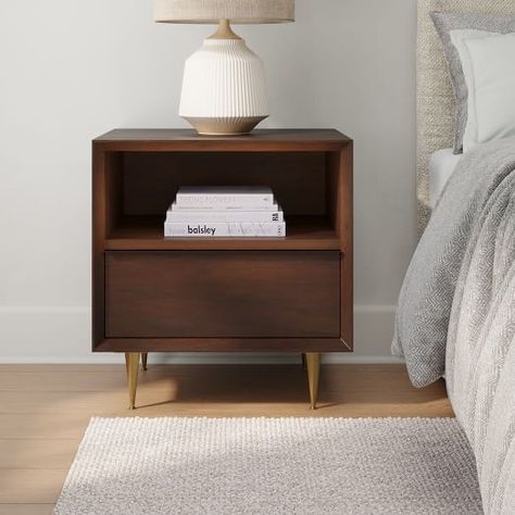 Nightstands Ideas Bedside Tables, Dark Wood Side Table, Nightstands Ideas, Diy Bedside, Dark Bedside Tables, Nightstand Ideas, Walnut Bedside Table, Modern Nightstands, Mid Century Nightstand