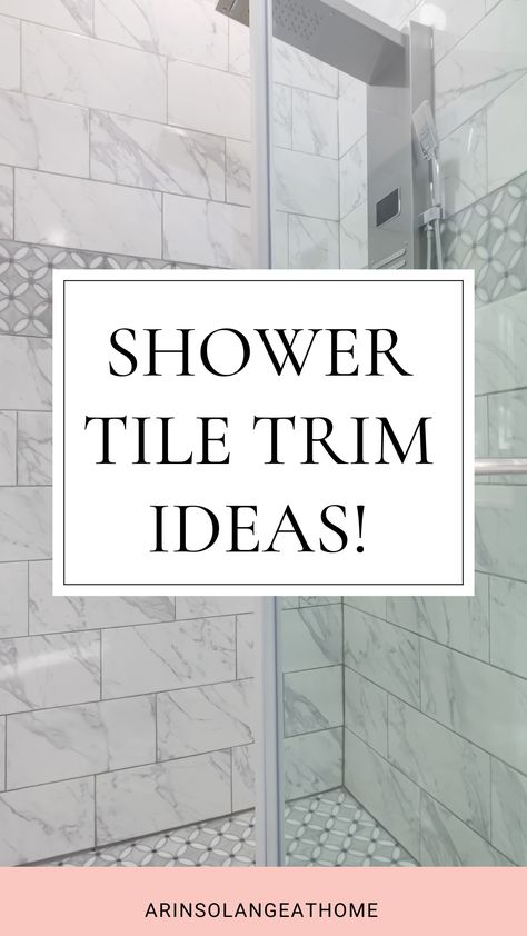 Shower Tile Border Designs, Bullnose Shower Trim, Shower Decorative Tile Band, Shower Tile Ideas White Traditional Bathroom, White Shower Tiles Ideas, Custom Tiled Showers, Accent Shower Tile Ideas, Bathroom Tile Edge Ideas, White Subway Tile Bathroom With Accent Tiles