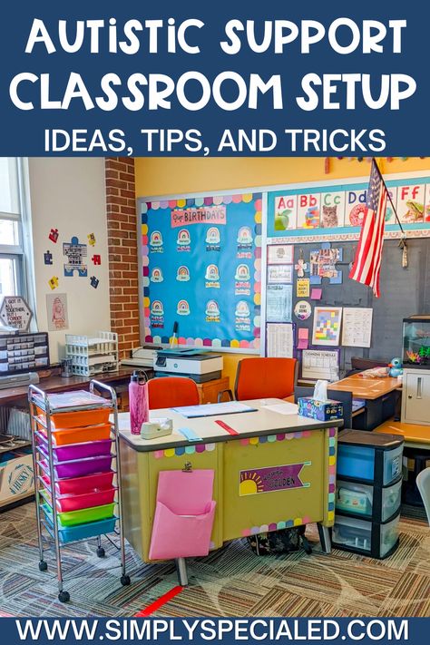 Today I want to share with you my special education classroom layout for an autistic support classroom. Inside my elementary special education classroom, I provide an area for the teacher and teacher assistants. I post the daily routine schedule for special needs kids. The placement of the student desks is important to keep them engaged and learning. Another teacher tip is to incorporate an area for centers and independent workstations. A calm corner in the classroom is a must too! Additional Support Needs Classroom, Austim Classroom Ideas, Structured Teaching Classroom Setup, Asd Classroom Ideas, Learning Support Classroom Ideas, Centers For Special Education Classroom, Special Education Elementary Classroom, Kindergarten Special Education Classroom, Special Ed Classroom Setup Elementary