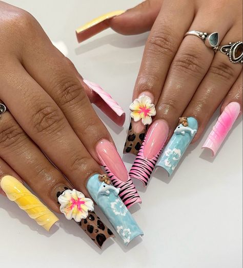 Tropical Nails, Colorful Nails, Long Acrylic, Tropical Vibes, Long Acrylic Nails, Acrylic Nail Designs, Nail Colors, Acrylic Nails, Nail Art