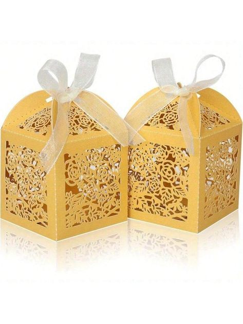 50pcs Golden Laser Cut Wedding Gift Candy Boxes, With Ribbon & Tags, Perfect For Wedding, Party And Bridal Shower Favor, Favors Boxes, Wedding Supplies, Guest Presents, Reception DecorationI discovered amazing products on SHEIN.com, come check them out! Favor Boxes Wedding, Wedding Favors Candy, Gold Favor Boxes, Personalized Favor Boxes, Gold Wedding Favors, Gold Candy, Candy Wedding Favors, Retail Bags, Wholesale Packaging