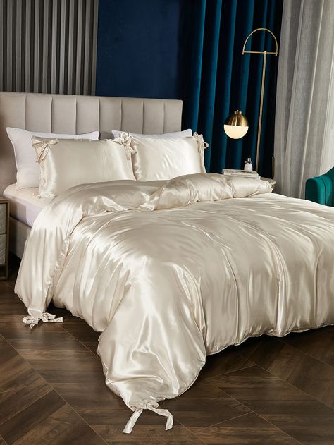 Beige Simple Collar   Plain  Embellished   Bedding Silk Bed Sheets, Desain Furnitur Modern, Luxury Bed Sheets, Satin Bedding, التصميم الخارجي للمنزل, Gold Bedroom, Luxury Bedding Set, Bed Sets, Room Makeover Bedroom