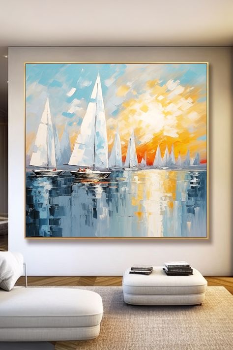 Original handmade oil painting of sailboats at sunset, with white sails against vibrant orange sky reflected in blue water Painting Prompts, Sailboat Artwork, Sailboat Sunset, Sailboat Painting, Coastal Charm, Sunset Art, Handmade Oil, Coastal Wall Art, Sailboats