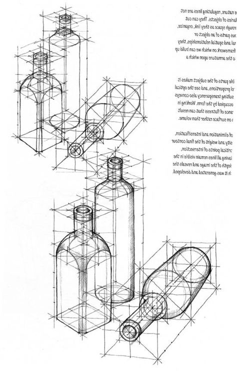 geometric bottle drawing très techniques, avec les centimètres, des axes de symétries... Construction Lines, Structural Drawing, Bottle Drawing, Architectural Presentation, Perspective Drawing Lessons, Object Drawing, Industrial Design Sketch, Perspective Art, Basic Drawing