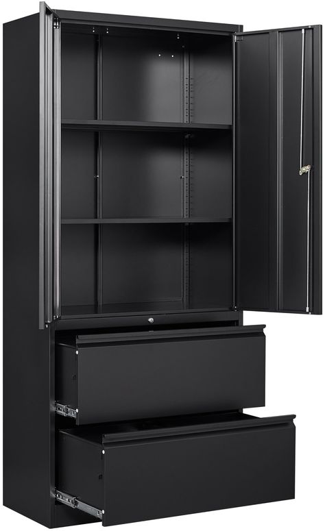 PRICES MAY VARY. 【Lockable Storage Cabinets】Our file cabinet come with locks and 2 adjustable shelf for a great fit and convenience. high end unlocks to protect valuables including keys. Whatever your storage needs, you can create a unique storage space that suits them 【HIGH QUALITY MATERIAL】The metal cabinet is integrally formed, using heavy-duty cold-rolled steel plate, the entire metal frame is thickened, more durable, each shelf has a carrying capacity of up to 180 pounds, sturdy and not eas Garage Cabinets Ideas Wall, Workout Room Storage, Corner Garage Storage, Ikea Garage Storage Cabinets, Boujee Office, Garage Storage Ideas Cabinets, Industrial Armoire, Craft Room Storage Cabinets, Office Closet Organization