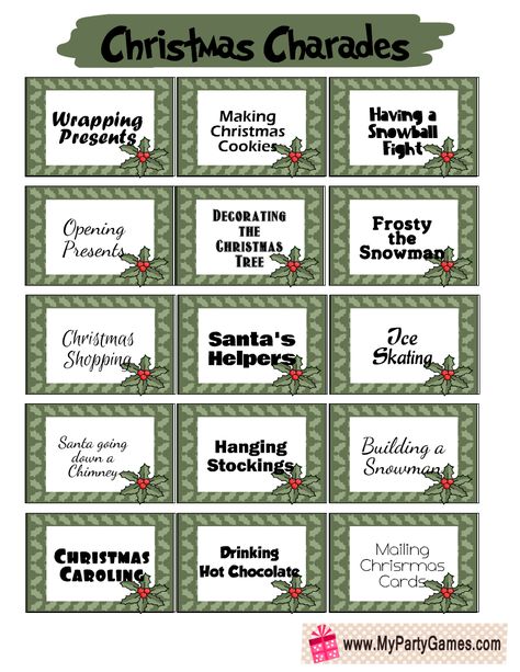 Free Printable Christmas Charades (Cards) Christmas Charades For Adults, Christmas Cherades, Christmas Charades Printable Free, Christmas Charades For Kids, Christmas Scattergories Free Printable, Holiday Charades, Christmas Charades Game, Christmas Party Games For Groups, Christmas Pictionary