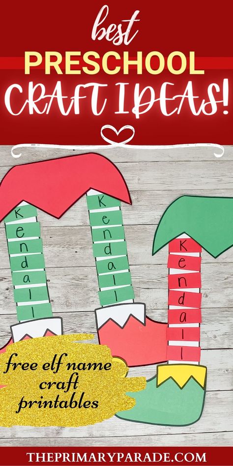 December Crafts For Prek, Pre K Christmas Crafts For Kids, Educational Christmas Crafts, Elf Day Activities Preschool, Christmas Name Tags Preschool, Elf Art Preschool, Christmas Name Crafts For Kids, Elf Lesson Plans Preschool, Christmas Tree Names Preschool