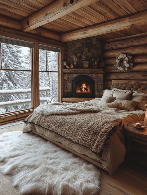 Cozy Winter Cottage, Grey And Pink Living Room, Log Cabin Mansions, Cabin Bedrooms, Cottage Vibes, Log Cabin Interior, Western Rooms, Cozy Log Cabin, Cabin Bedroom