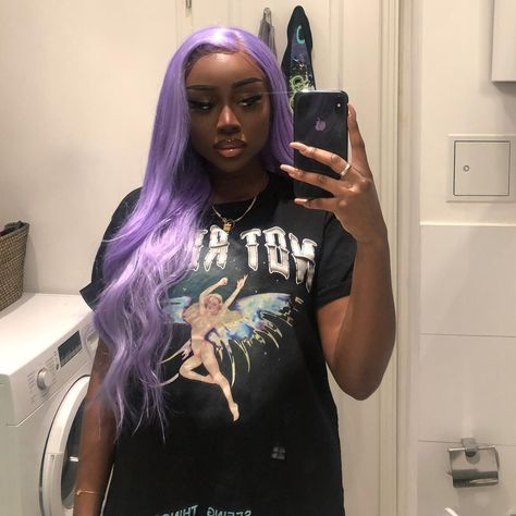 Image may contain: 1 person Types Of Fade Haircut, Hair Color For Dark Skin, Hair Colorful, Purple Wig, Lavender Hair, Frontal Hairstyles, Braids For Black Women, Purple Hair, Hair Highlights