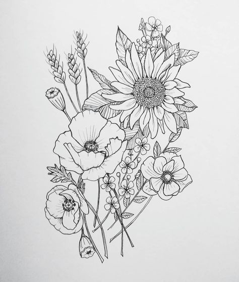 Suzanne Jurado on Instagram: “A sunflower, poppies, wheat, forget me nots, and an anemone.  #art #athensga #pen #sketchbook #drawing #dibujo #tattoo #floraltattoo…” Poppy Sunflower Tattoo, Wild Flower Shoulder Tattoo, Sunflower And Wheat Tattoo, Sunflower And Poppy Tattoo, Tattoo Wild Flowers, Poppy Tattoo Sleeve, Persephone Tattoo, Wheat Tattoo, Pen Sketchbook