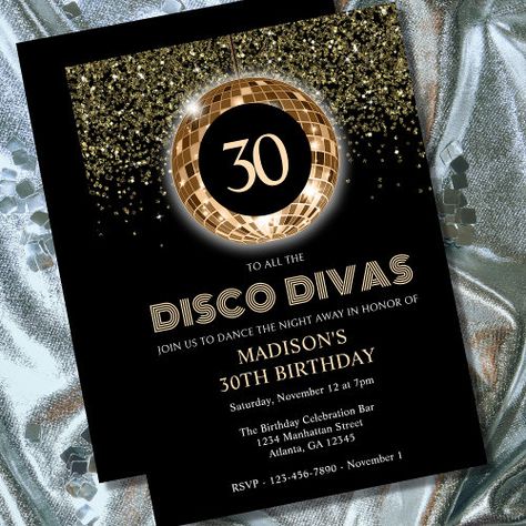 $2.77 | Black Gold Glitter 30th Birthday Disco Party | Birthday Invitations | black gold 30th birthday invitation, 30th birthday party, thirty, modern, black, trendy, disco glitter disco ball, black and gold, adult ladies 30th birthday party, glitter gold 30th Birthday Disco, Glitter Drinks, Gold 30th Birthday, Birthday Disco, Glam Disco, 77th Birthday, 80th Birthday Invitations, 30th Birthday Party, Thirty Birthday