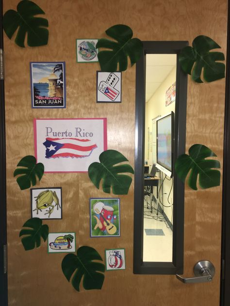 Puerto Rico Classroom Door Decoration Idea Puerto Rico Door Decoration, Puerto Rico Classroom Door Decoration, Puerto Rico Decorations Ideas, Hispanic Heritage Month Crafts, Door Classroom, Door Decorations Classroom Christmas, School Door Decorations, Spanish Heritage, Classroom Christmas