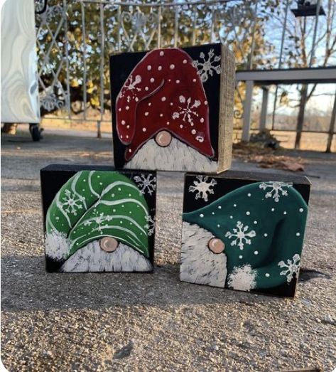 Wood Painted Gnomes, Christmas Shelf Sitters Wood Blocks, Hand Painted Gnomes, How To Paint A Gnome, Gnomes Crafts Wood, Shelf Sitters Wooden, Painted Gnomes On Wood, Winter Gnome Painting, Christmas Gnomes Painting