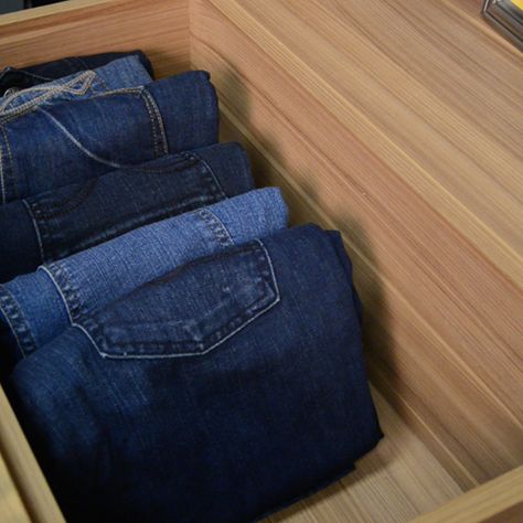 Jeans In Drawers Folding, Space Saving Folding Jeans, Jean Drawer Organization, How To Store Jeans In Drawer, How To Fold Jeans For Drawers, Folding Jeans To Save Space In Drawers, Best Way To Fold Jeans To Save Space, How To Fold Jeans To Save Space In Drawers, How To Fold Denim Jeans