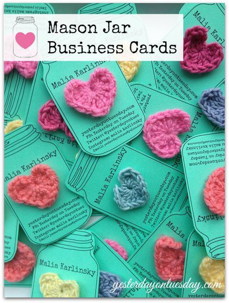 Mason Jar Business Cards...how adorable! Crochet Labels, Free Mason, Mason Jar Cards, Crochet Hearts, Wood Items, Diy Business Cards, Diy Headboards, Crochet Business, Craft Show Ideas