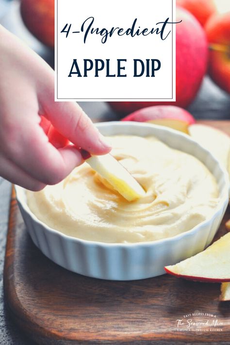 Thick, rich, and smooth, this 4-Ingredient Cream Cheese Apple Dip is a sweet and easy snack recipe that's ready in about 5 minutes. Whether you keep it in the refrigerator for after-school munchies or serve it at your next fall party, the crowd-pleasing treat will make everyone smile! Cream Cheese Apple Dip, Apple Dip Recipe, Cream Cheese Spread Recipes, Leftover Recipes, Pumpkin Dip, The Seasoned Mom, Savory Dinner, Sweet Dips, Apple Dip