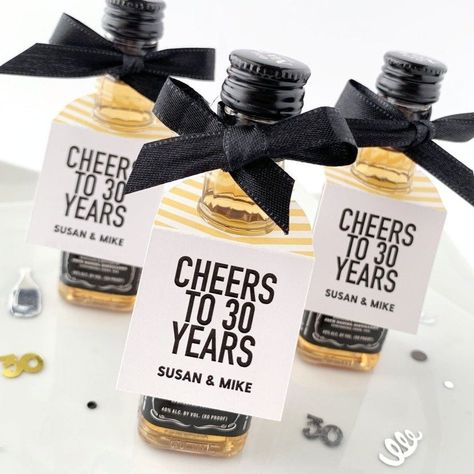 Cheers to 30 Years Wedding Anniversary Party Favor Tags sized to fit miniature bottles of alcohol. These mini bottle tags double as anniversary table decorations and anniversary party favors for guests. Add these anniversary favor tags to a mini bottle of your favorite spirits for a party favor that is guaranteed to be a hit with your guests! Personalized with bride and groom's names. These favor tags can also be used for engagement parties, wedding favors or birthday party favors. We can change 5 Year Wedding Anniversary Party, 30 Years Wedding Anniversary, Anniversary Party Favors For Guests, Anniversary Table Decorations, 50th Anniversary Party Favors, 70th Birthday Party Favors, Alumni Homecoming, 30th Birthday Party Favors, 40th Birthday Party Favors