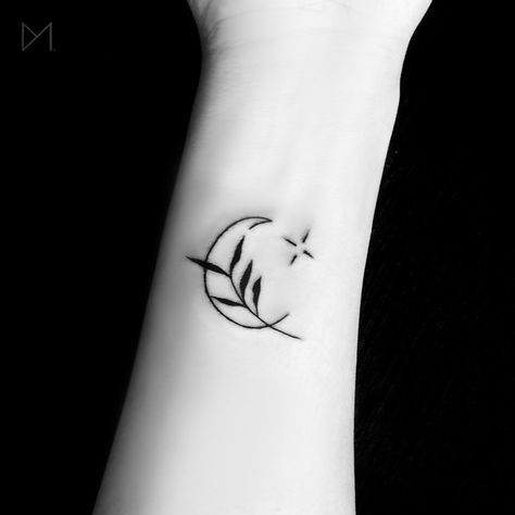 Moon + Leaves + Star Tattoo Leaves And Stars Tattoo, Leaf Moon Tattoo, Moon Leaves Tattoo, Moon Leaf Tattoo, Tattoo Sun And Moon, Inbetween Breast Tattoo, Holly Tattoo, Star Tattoo On Wrist, Wheat Tattoo