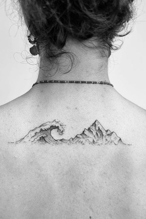 Oceans And Mountains Tattoo, Mountain And Ocean Tattoo Ideas, Mountain And Beach Tattoo Ideas, Chest Mountain Tattoo, Mountain To Wave Tattoo, Mountaineer Tattoo, Mountain Back Tattoo Women, Cool Mountain Tattoos, Mountains Waves Tattoo