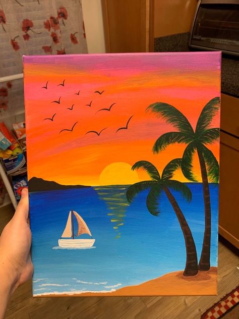 Simple acrylic painting of palm trees on a beach with waves coming in, a sailboat on the water at sunset with birds taking flight and mountains off on the horizon Sunset Pictures Painting, Sun Set Beach Painting, Sunset In Water Painting, Sunset With Palm Trees Painting, Beach Drawing Acrylic, Sunset On A Beach Painting, Painting Of Sunset On Beach, Beach With Mountains Painting, Sailboat Sunset Painting