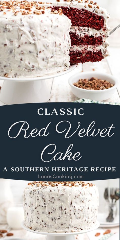 Red Velvet Cake is a classic, much-loved recipe. The combination of rich cocoa layers and the luscious cream cheese frosting studded with pecans is a southern favorite! Authentic Red Velvet Cake Recipe, Red Velvet Cake With Cream Cheese, Southern Living Red Velvet Cake, The Best Red Velvet Cake, Classic Red Velvet Cake, Homemade Red Velvet Cake Recipe From Scratch, Southern Red Velvet Cake From Scratch, Old Fashion Red Velvet Cake Recipe, Southern Living Red Velvet Cake Recipe