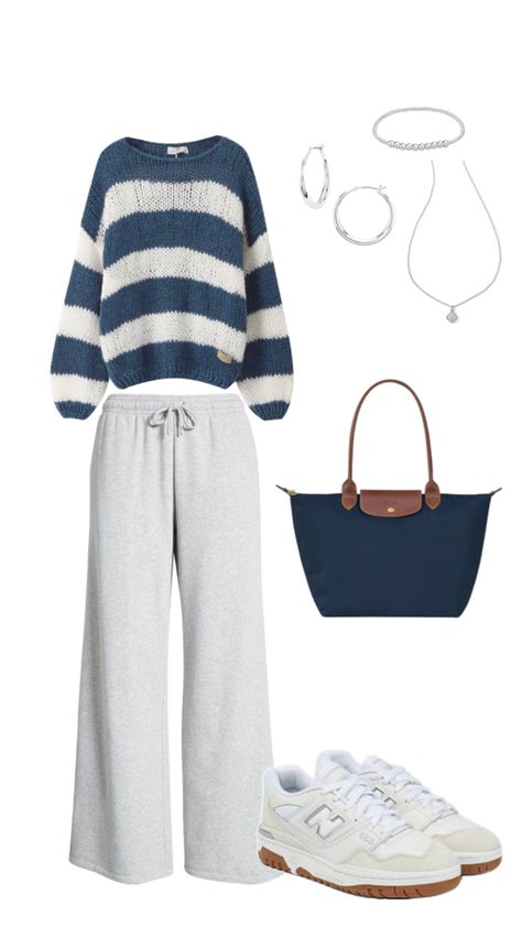 #fall #outfit #sweatpants #sweater #stripes #blue #white #gray #jewelry #bag #cute #shoes #aesthetic #silver #cozy #fitspo Outfits With Blue Sweatpants, Blue Sweatpants Outfit, Wide Leg Sweatpants Outfit, Outfit Sweatpants, Fall Outfit Inspiration, Blue Sweatpants, White Striped Sweater, Striped Sweatpants, Gray Jewelry