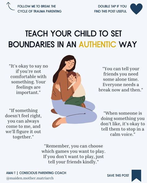 Teaching children to set boundaries is a fundamental aspect of developing their sense of autonomy and respect for themselves and others. ⁠ .⁠ Here are 5 simple and compassionate phrases that you can use to guide your kids in setting boundaries authentically 🥰:⁠ .⁠ ✅ Never let the cycle of trauma define your parenting again. Discover "The Amai T Method of Conscious Parenting" and transform your family dynamics today!⁠ 5 Kids Family, Parenting Knowledge, Intentional Parenting, Parenting Inspiration, Set Boundaries, Parenting Help, Mindfulness For Kids, Conscious Parenting, Mindful Parenting