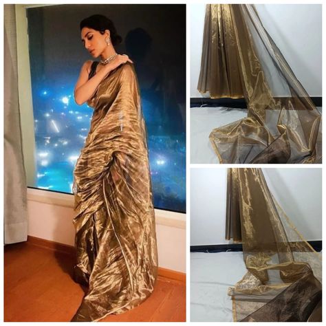 Plain Gold Saree, Copper Tissue Saree, Metallic Saree, Sabyasachi Mukherji, Saree Trending, Gold Saree, Global Wedding, Tissue Silk Saree, Tissue Saree