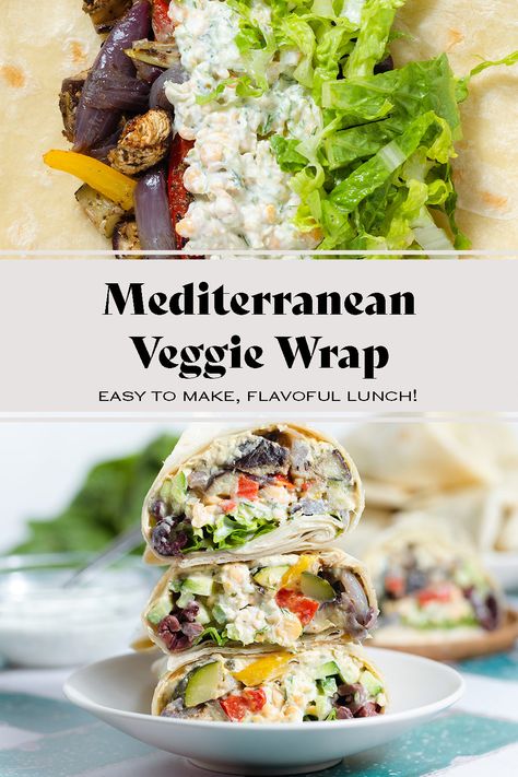 Try this Mediterranean Veggie Wrap if you're looking for a healthy vegetarian lunch or light dinner! It's made with mashed chickpeas, homemade tzatziki sauce, creamy hummus, and roasted colorful roasted veggies. This wrap requires minimal work and it's super versatile so you can add things or leave them out based on your preference. It's easy to make, healthy, flavorful, and packed with protein! Mediterranean Pita Wrap, Roasted Veggie Wrap, Veggie Wraps Recipes Healthy, Lunch Wraps Healthy, Hummus Lunch Ideas, Vegetarian Wraps Recipes, Tzatziki Wrap, Mashed Chickpeas, Vegetarian Wrap