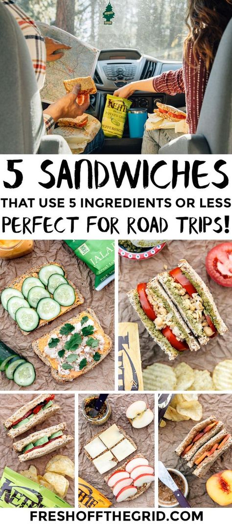 5 sandwiches that use 5 ingredients or less - perfect lunches for camping and road trips! Lunches For On The Road, Vegetarian Road Trip Meals, Travel Lunch Ideas Road Trips, Lunches For Field Trips, Road Trip Packed Lunch, Lunch Ideas On The Road, Food For The Road Travel, Sandwiches For Road Trip, Car Lunches Road Trips