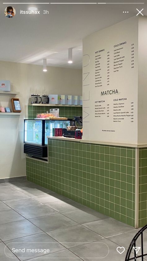 Matcha Cafe Design, Cafe Cashier Counter Design, Matcha Cafe Interior, Green Restaurant Interior, Green Cafe Interior, Green Coffee Shop, Cafe Interior Vintage, Cafe Design Inspiration, Colorful Cafe