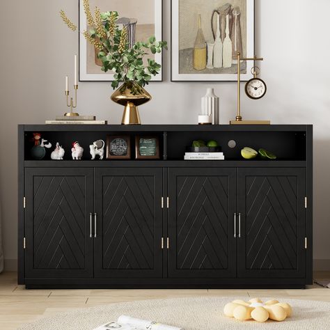 Elevate your living space with this sideboard's timeless retro design, featuring a clean silhouette and elegant grooved lines. Farmhouse Buffet Cabinet, Farmhouse Buffet, Retro Sideboard, Sideboard Storage Cabinet, Black Sideboard, Sofa End Tables, Kitchen Cabinet Storage, Wood Sideboard, Sideboard Furniture