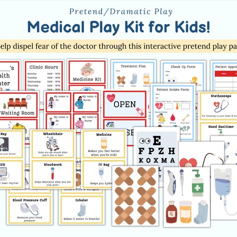 Hospital pretend play, emergency room play set, doctor play set, printable pretend play, playdate ideas, montessori play, fear of doctor, play therapy, pretend play for kids Hospital Pretend Play, Medical Play, Playdate Ideas, Doctor Play, Pretend Play Printables, Doctor Play Set, Medicine Kit, Child Life Specialist, Playing Doctor