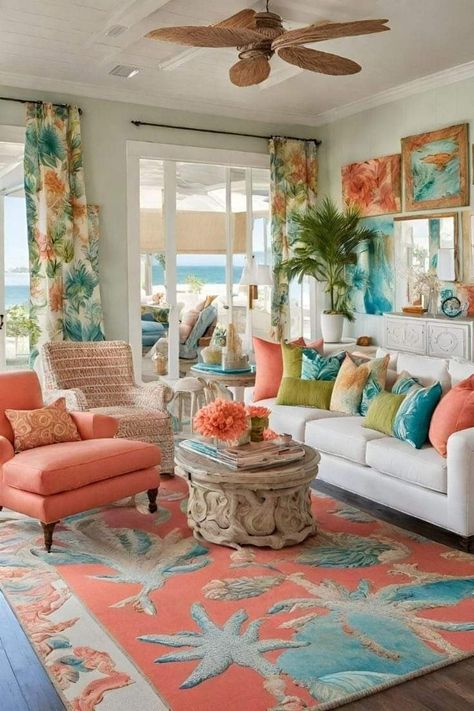 Hawaii Farm, Beach House Inspiration, Colorful Beach House Decor, Key West Decor, Florida Living Room, Balcony Decorating Ideas, Cozy Balcony, Chic Beach House, Beach Living Room