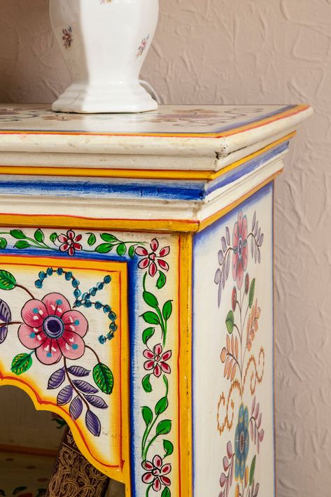 Hand Painted Bedside Table, Painted Bedside Tables, Ian Snow, Blue Side Table, Painted Bookshelves, Painted Beds, Small Cupboard, Wooden Trunks, Painted Cupboards