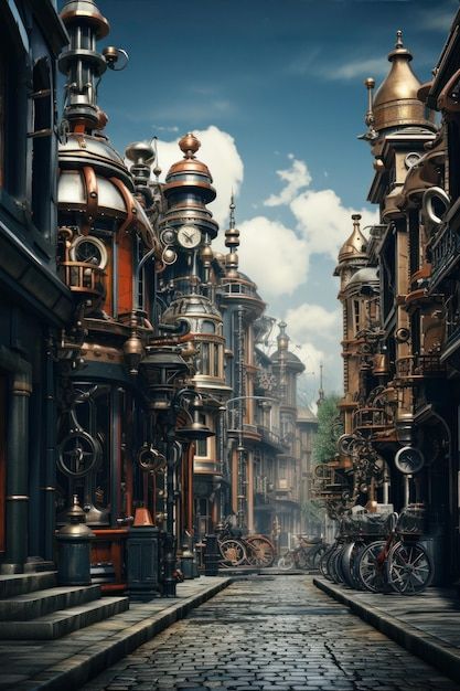 Véhicule Steampunk De Rue De Style Steam... | Premium Photo #Freepik #photo #rue #urbain #ville-cartoon #ville Ville Steampunk, Magic Steampunk, Steampunk Building, Robot City, Steampunk Shop, Steampunk Elements, Fantasy Settings, 1 Point Perspective, Style Steampunk