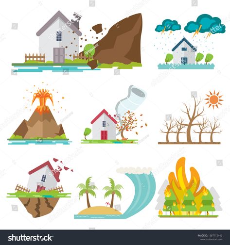 Natural disaster set with landslide, forest fiers, tsunami, flood, earthquake, drought, volcano and rain storm. Vector illustration. #Ad , #sponsored, #forest#fiers#tsunami#landslide Landslide Illustration, Landslide Drawing, Dark Blue Wallpaper, Rain Storm, Natural Disaster, Simple Background Images, Web Template Design, Mind Map, Web Template