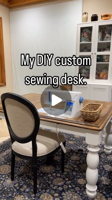 Andrea on Instagram: "#igquiltfest2024day3 - I love my DIY sewing desk for my @janomeamerica It was a friend’s dining table she was getting rid of and I asked if I could buy it. She said have it for free! We traced the sewing machine on top and then used a jigsaw to cut it out. My FIL helped with this DIY (I had already made a smaller drop in desk for my first machine).   After sanding the table, I stained and sealed the top. I also painted the bottom white. We drilled a hole for my knee lifter and notched the side for the power cord and power switch.   The table is 42”x60” and is large enough to support a quilt for my domestic quilting. We hadn’t set it up here in NC but that is happening this week😍😍😍. Stay tuned to find out where😏😏😏." Sewing Table Tops, Drop In Sewing Table, Drop In Sewing Machine Table Diy, Sewing Desk Diy, Sewing Table Ideas Diy, Cutting Table For Sewing Room, Sewing Machine Table Ideas, Sewing Cutting Table, Sewing Machine Table Diy