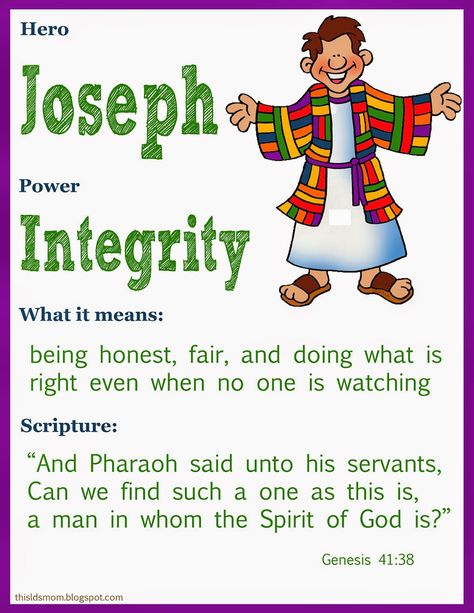 Today we talked about Joseph.  We could spend a lot of time on him, but we just talked about him today and how he had a lot of integrity.  ... Change Scripture, Superhero Vbs, Bible Heroes, Lds Scriptures, Preschool Bible, Coat Of Many Colors, Bible Characters, Church Activities, Bible Lessons For Kids