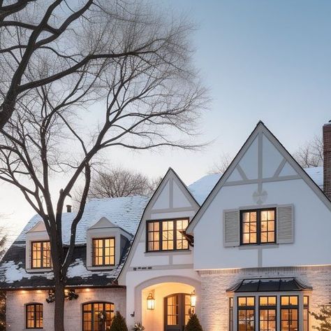 White Tudor Exterior, Brick Tudor Exterior, Tudor Style Homes Exterior Color Schemes, Tudor Style Home Exterior, Tudor Home Exterior, Modern Tudor House Exterior, Tudor Exterior Paint, Black And White House Exterior, Modern Cottage Exterior