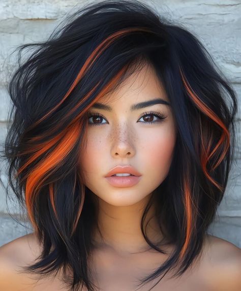 Half Black Half Orange Hair, Black Hair With Red Money Piece, Ginger Hair With Black Tips, Black Hair With Orange, Orange Peekaboo Hair, Orange Black Hair, Black And Orange Hair, Orange And Black Hair, Yellow Hair Dye