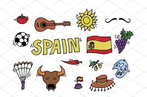 doodles symbols of Spain - Illustrations - 1 Spain Drawing Illustrations, Spain Drawing Easy, Spain Doodles, Spain Symbols, Spanish Drawings, Class Goals, Spain Drawing, Spain Postcard, English Student