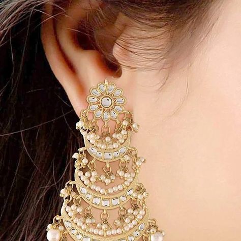 #earrings #diamondearrings #goldearrings #silverearrings #earringscollection #jhumkas #jhumka #jhumkis #jhumkies #jhumka Golden Chandbali Earrings, Earrings For Traditional Wear, Kundan Chandbali Earrings, Earing For Sarees, White Earrings Indian, Earrings For Lehenga, Earrings For Saree, Chandbali Earrings Gold, Onam Outfits