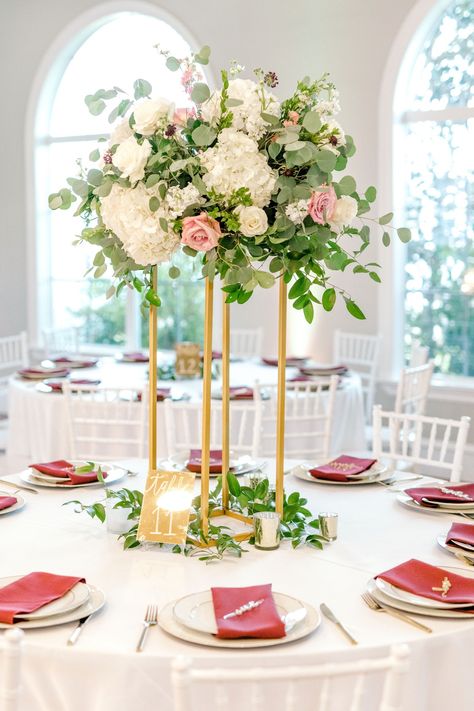 Gold Flower Stand Centerpiece, Gold Floral Stand Wedding, Blush Sage And Gold Wedding Centerpieces, Gold Flower Stands Wedding, Gold Harlow Stand Centerpiece, Tall Gold Stand Centerpiece Wedding, Unique Tall Wedding Centerpieces, Tall Quinceanera Centerpieces, Tall And Low Wedding Centerpieces