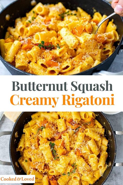 Learn how to make creamy roasted butternut squash pasta with garlic crumbs with our easy to follow recipe and step-by-step instructions and photos. Using delicately sweet butternut squash, hardy rigatoni pasta and simple ingredients for the sauce, this dish is fit for a restaurant menu, yet you can easily make it at home. It's an absolute crowd-pleaser, and your family and dinner guests will be impressed and satisfied!  via @irena_macri Butternut Squash Dinner, Roasted Butternut Squash Pasta, Butternut Squash Recipes Pasta, Squash Pasta Recipe, Butternut Squash Pasta Sauce, Pasta With Garlic, Rigatoni Recipes, Butternut Squash Sauce, Chicken Bacon Pasta