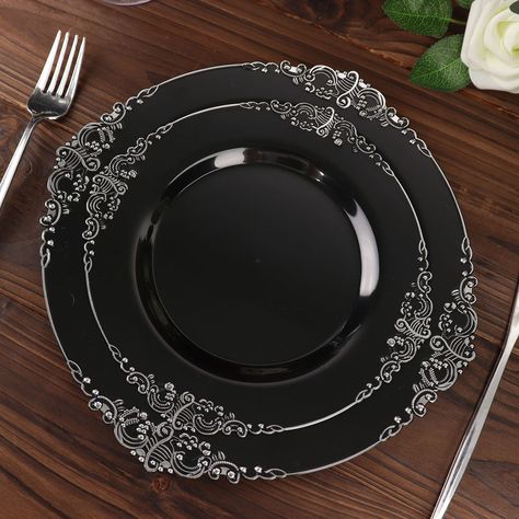 Black Plastic Plates, Black Dessert, Plastic Party Plates, Gold Dessert, Disposable Plastic Plates, Elegant Plates, Embossed Pattern, Style Baroque, Afternoon Tea Parties