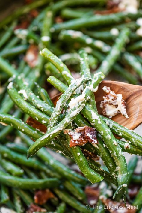 Green Beans with Bacon and Boursin - The Endless Meal® Best Green Beans Ever, Easy Green Bean Recipes, Delicious Green Beans, Cooking Fresh Green Beans, The Best Green Beans, Baked Green Beans, Beans With Bacon, Easy Green Beans, Juicy Baked Chicken